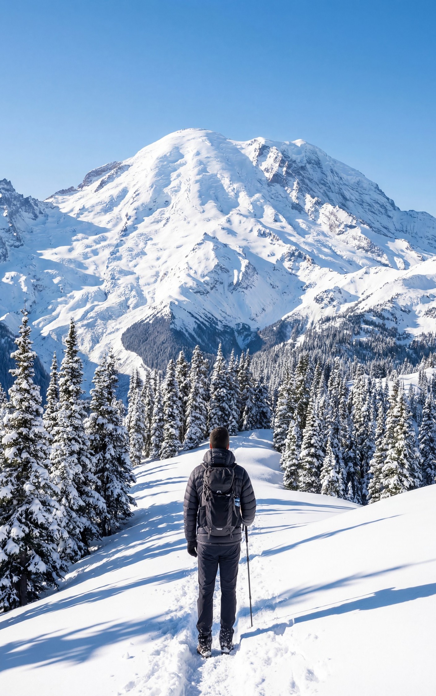 Hiker looking out at a snow-covered mountain peak